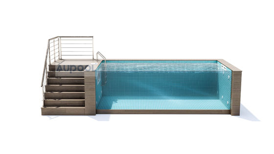 Piscina de acero inoxidable sobre el suelo con tablero de plástico de madera de color café