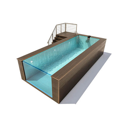 Piscina de lujo por encima del suelo de fibra de vidrio transparente sin fin con tablero de plástico de madera