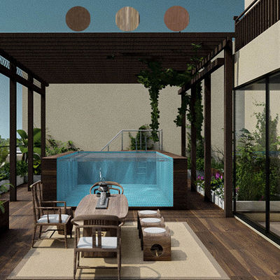 Piscina de 18 pies sobre el suelo con marco metálico y ventana acrílica de color transparente